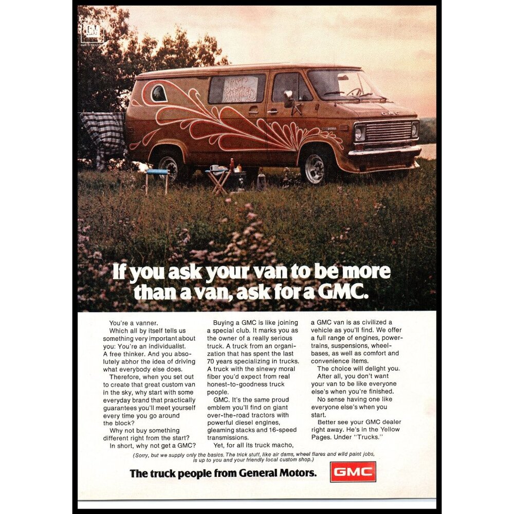 1976 GMC Full Size Van Vintage Print Ad Camping Field Just Married Wall Art 70s